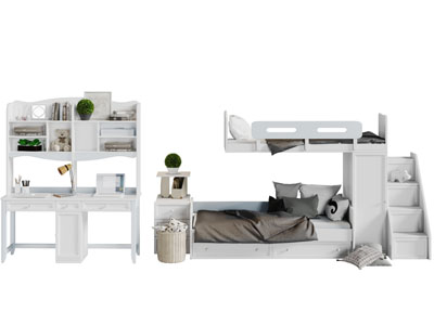 现代白色实木儿童上下床