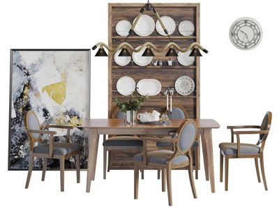 美式实木长方形餐桌椅组合