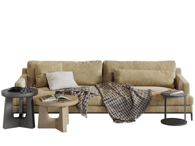 现代土黄色布艺多人沙发茶几组合