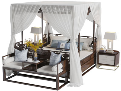 中式实木雕花带床幔的罗汉床多人沙发