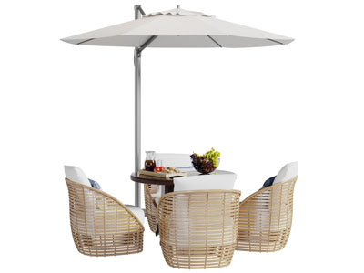 东南亚露台带遮阳伞的藤编沙发茶几