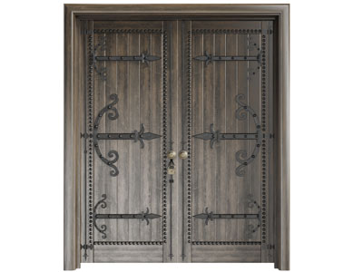工业风铁艺雕花的实木双扇大门