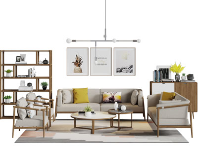 北欧实木框架的多人单人沙发茶几组合