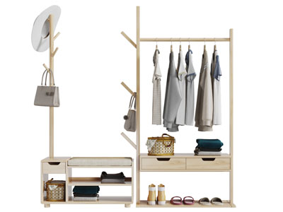 北欧实木衣架换鞋凳