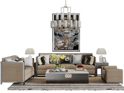 新中式多人双人沙发茶几沙发凳