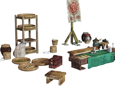 中式民间摆货摊木凳货架3d模型 中式民间摆货摊木凳货架