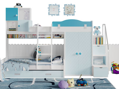 现代实木带衣柜的上下床