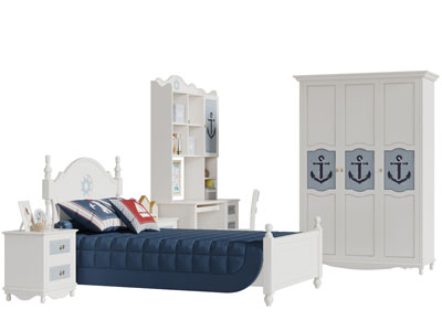 简欧白色儿童床床头柜书桌椅组合