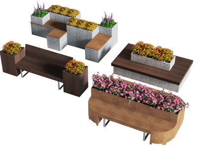 现代装饰花坛花卉的公共椅子