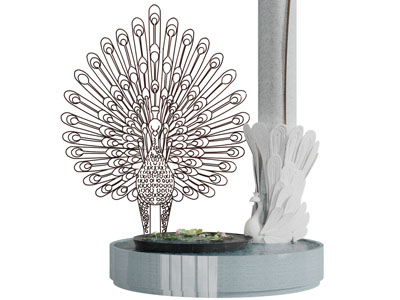 中式玄关水池孔雀荷花景观小品