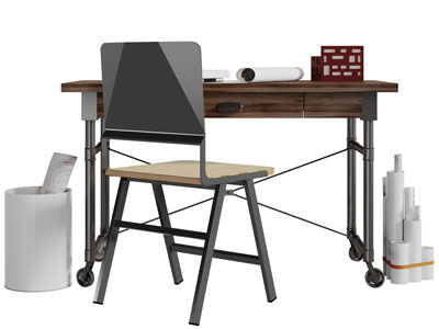 工业风带滑轮的书桌椅组合