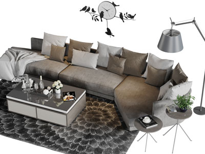 现代灰色转角多人沙发茶几组合