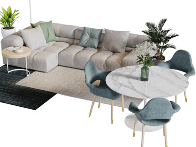 北欧布艺转角多人沙发餐桌椅组合