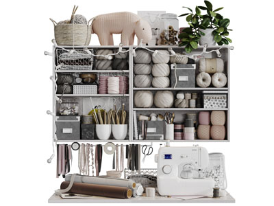 现代缝纫店墙面线团缝纫机收纳柜