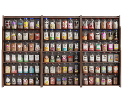 现代实木架瓶装零食货架3d模型 现代实木架瓶装零食货架