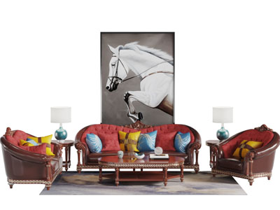 欧式古典红色多人单人沙发茶几组合