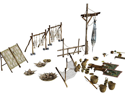 晾晒在渔网实木架上的鱼水生动物