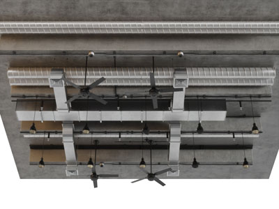 工业风裸露水管烟道风扇的天花吊顶