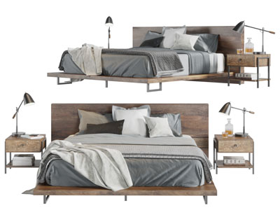 工业风做旧实木床头的双人床床头柜