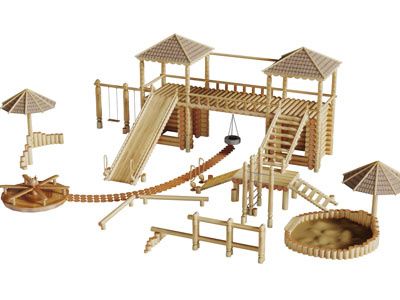 中式实木栏杆木屋游乐设备3d模型 中式实木栏杆木屋游乐设备