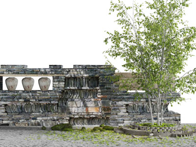 中式瓦片装饰的砖墙小树景观小品