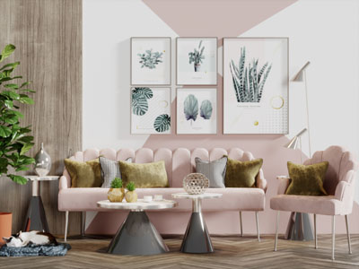 现代轻奢粉色多人沙发休闲椅子茶几组合