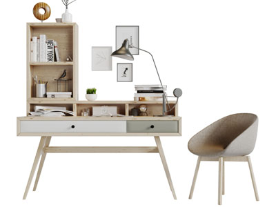 北欧实木带书柜的书桌椅组合
