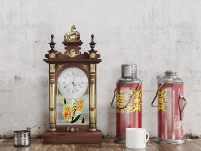 现代老式座钟暖水瓶茶缸生活用品