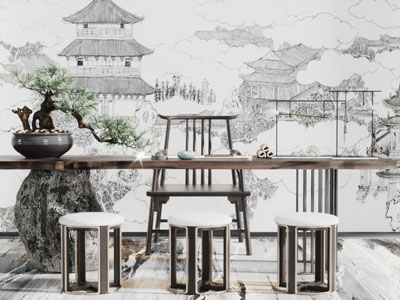 中式实木茶桌凳子组合