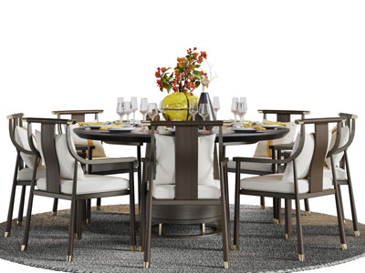 新中式实木圆形餐桌椅组合