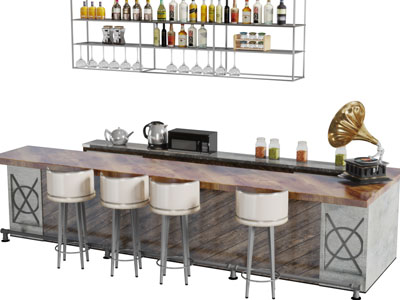 工业风裸露砖墙的酒柜吧台吧椅