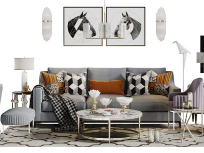 现代轻奢灰色多人沙发休闲椅子茶几组合