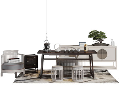 中式实木茶桌圆形坐凳组合