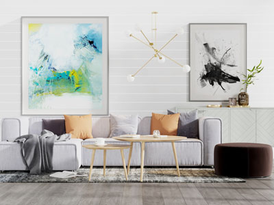 现代布艺多人沙发坐墩茶几组合