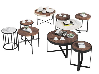 现代圆形实木台面金属支架的茶几边几