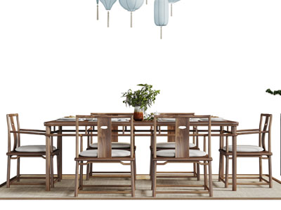 中式实木长方形餐桌椅组合