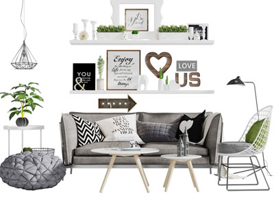 北欧灰色多人沙发休闲椅子茶几组合