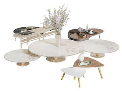 北欧圆形三角形实木大理石茶几