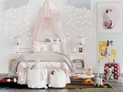 现代女儿房粉色单人床床头柜