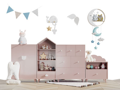 北欧儿童粉色玩具收纳展示柜