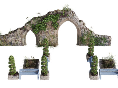 破旧带门拱装饰藤蔓植物的户外石墙