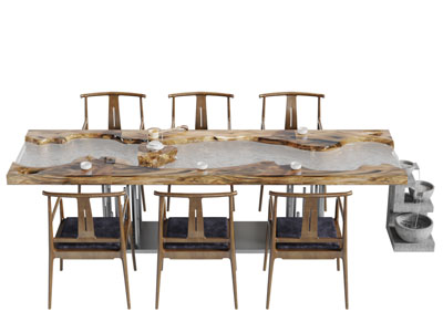 中式长方形装饰河流的茶桌椅组合