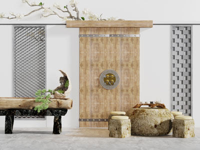 中式实木景观墙茶桌坐墩组合