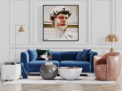 现代轻奢蓝色布艺多人单人沙发茶几沙发凳组合