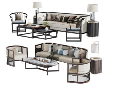 新中式实木边框的多人沙发扶手椅茶几组合