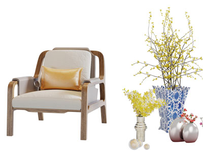 新中式实木边框的休闲单人沙发3d模型 新中式实木边框的休闲单人沙发