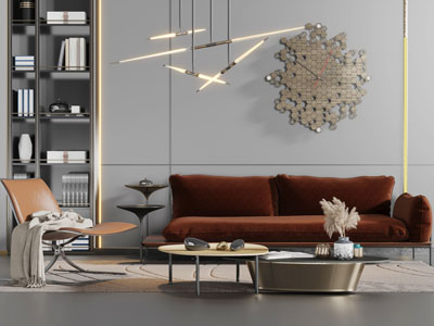 现代布艺多人沙发休闲椅子茶几组合