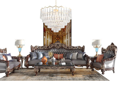 欧式古典镶金雕花真皮多人沙发茶几组合