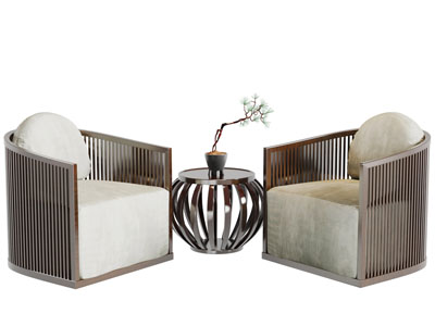 新中式实木边框的单人沙发茶几组合