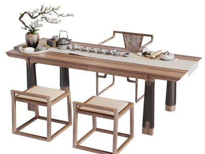 中式实木长方形茶几茶凳组合3d模型 中式实木长方形茶几茶凳组合